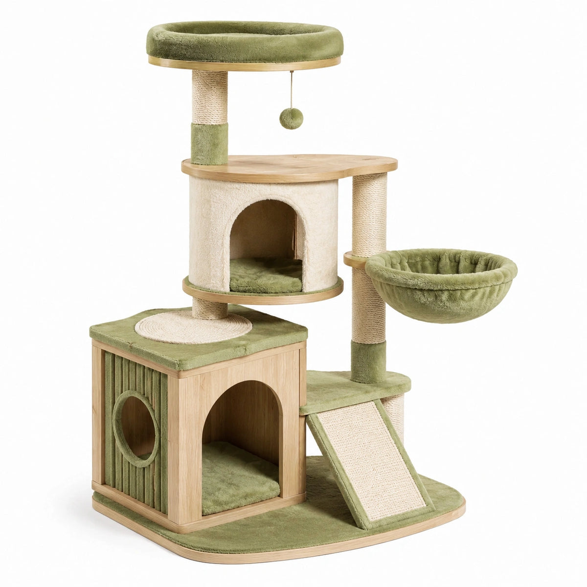 Árbol para gatos de madera y felpa verde con rascadores de sisal