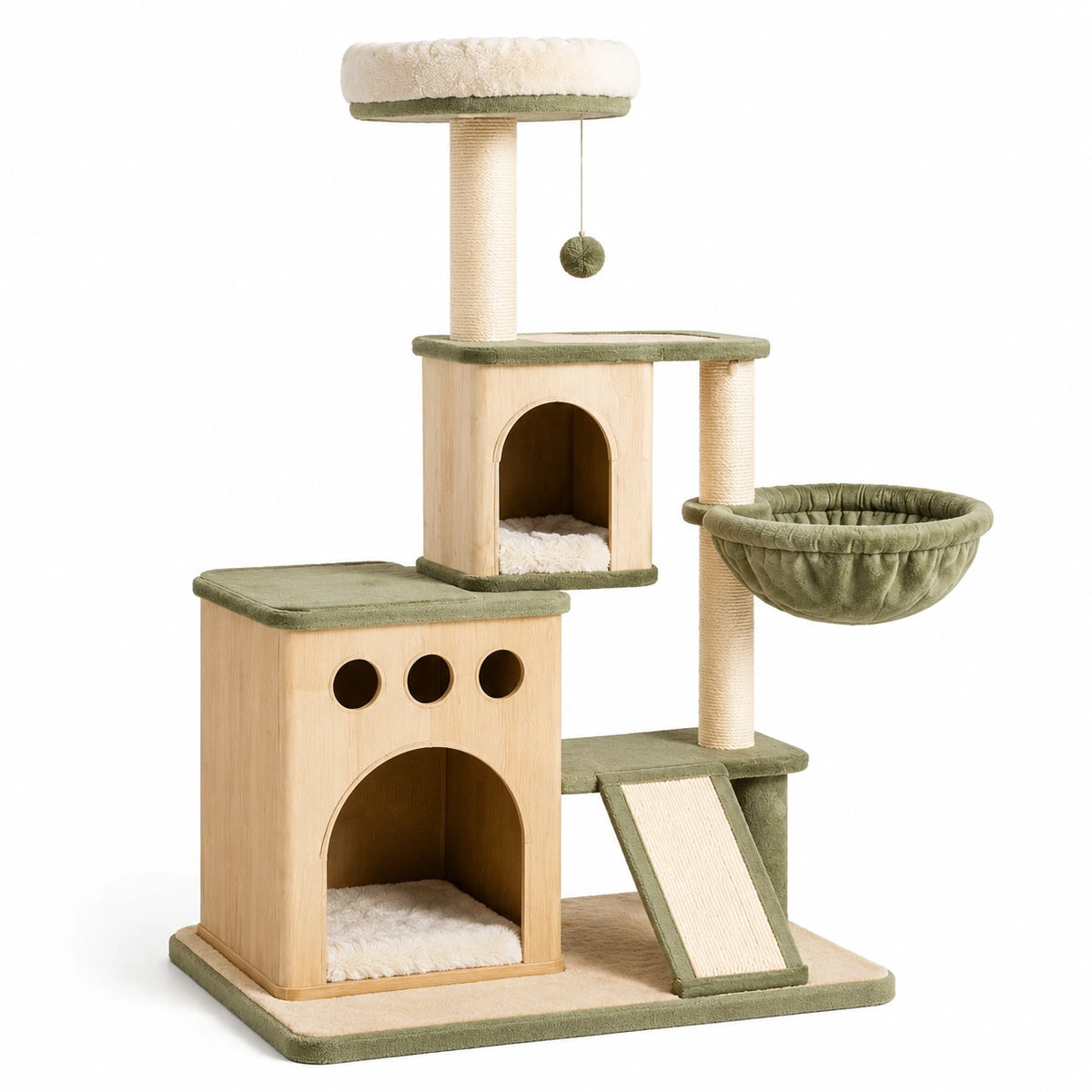 Árbol para gatos de madera con sisal verde y beige