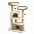 Árbol para gatos de tres niveles con cuevas y plataformas de madera y tela verde/beige
