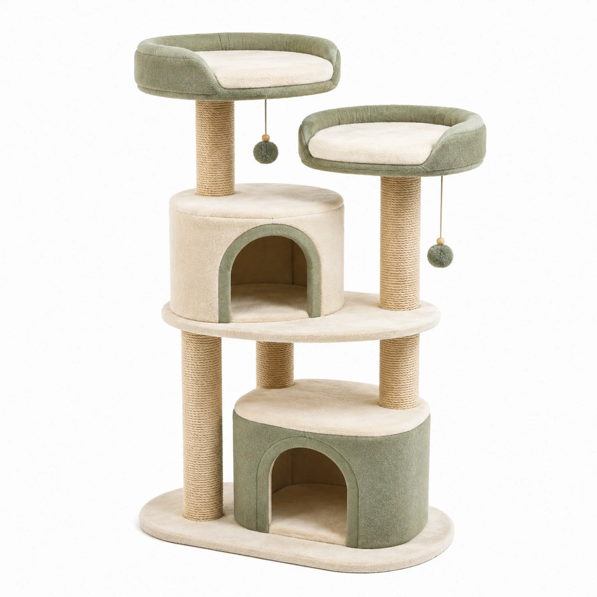 Árbol para gatos de tres niveles con cuevas y plataformas de madera y tela verde/beige