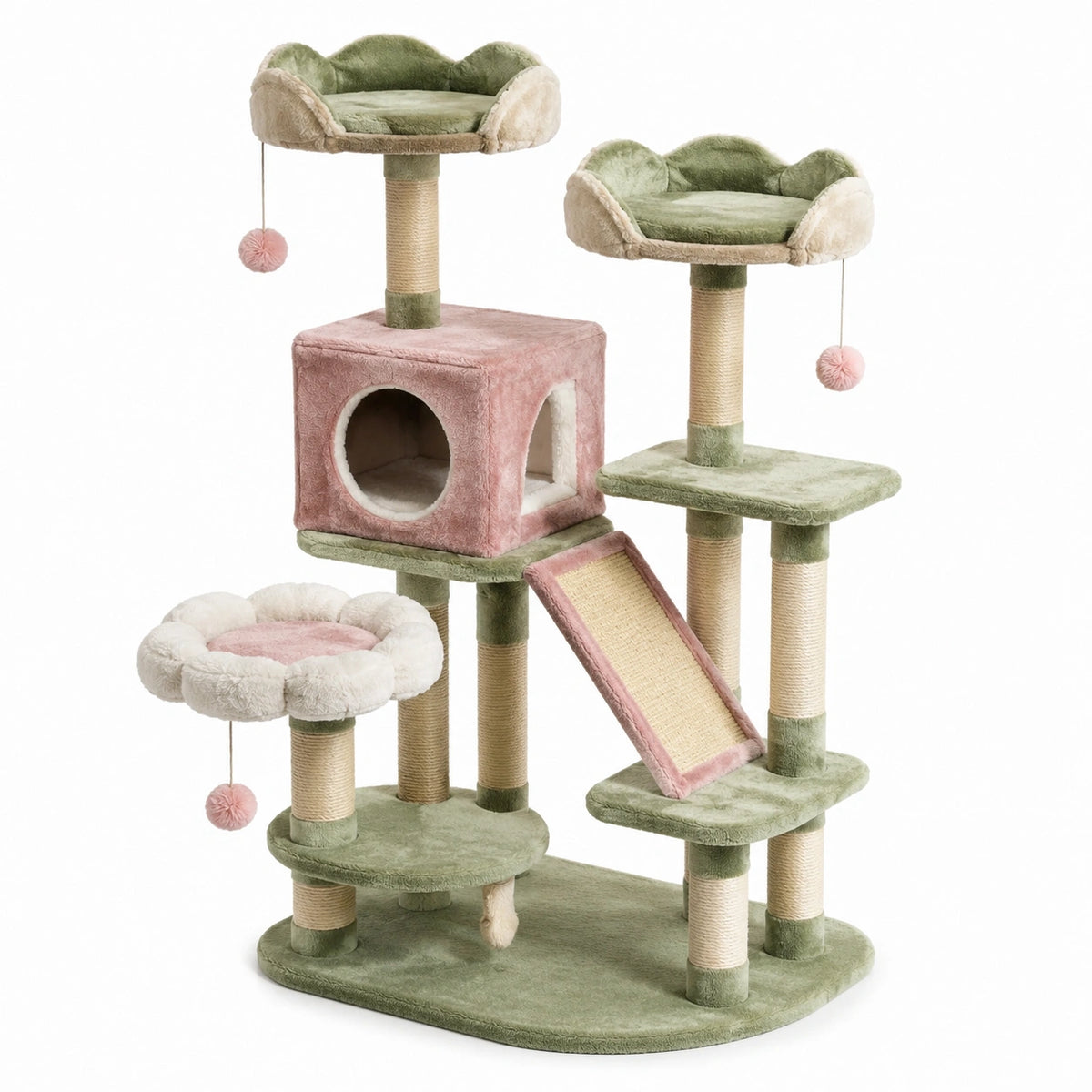 Árbol para gatos de poliéster verde y rosa con rascadores de sisal
