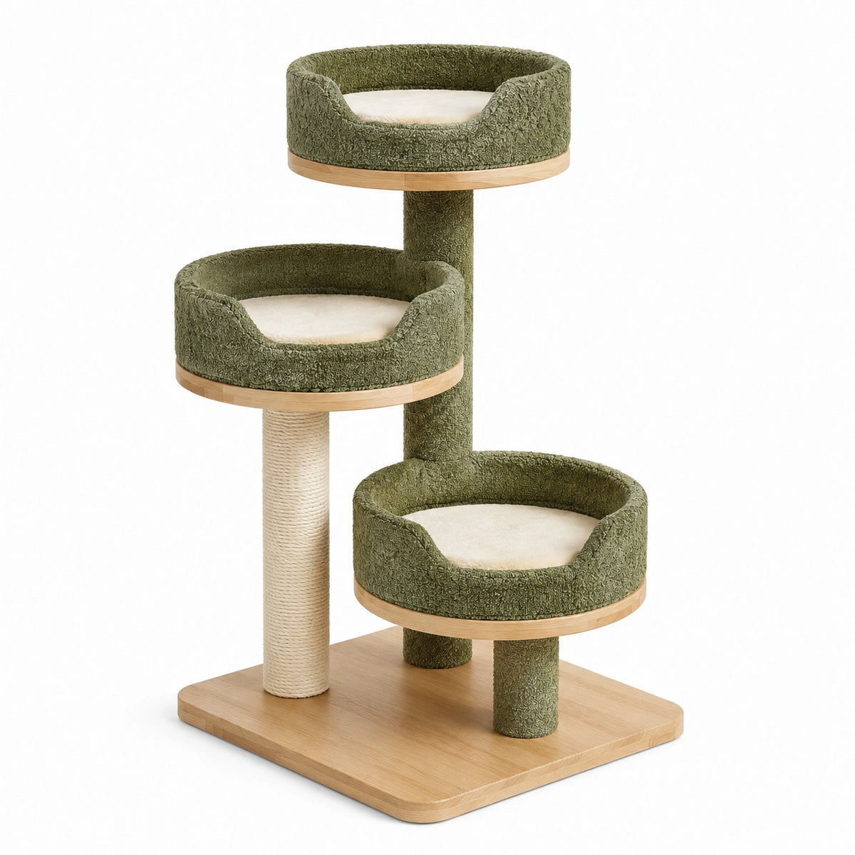 Árbol para gatos de 3 niveles con madera y tela verde
