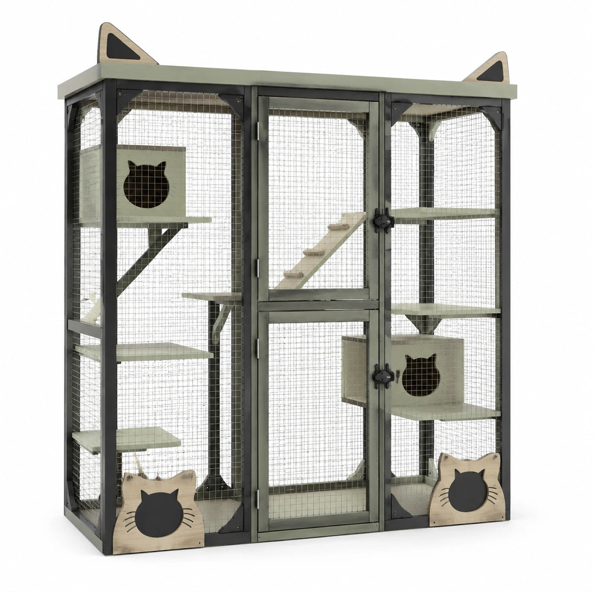 Jaula para gatos de acero y tablero MDF con detalles de orejas 150x120x60 cm