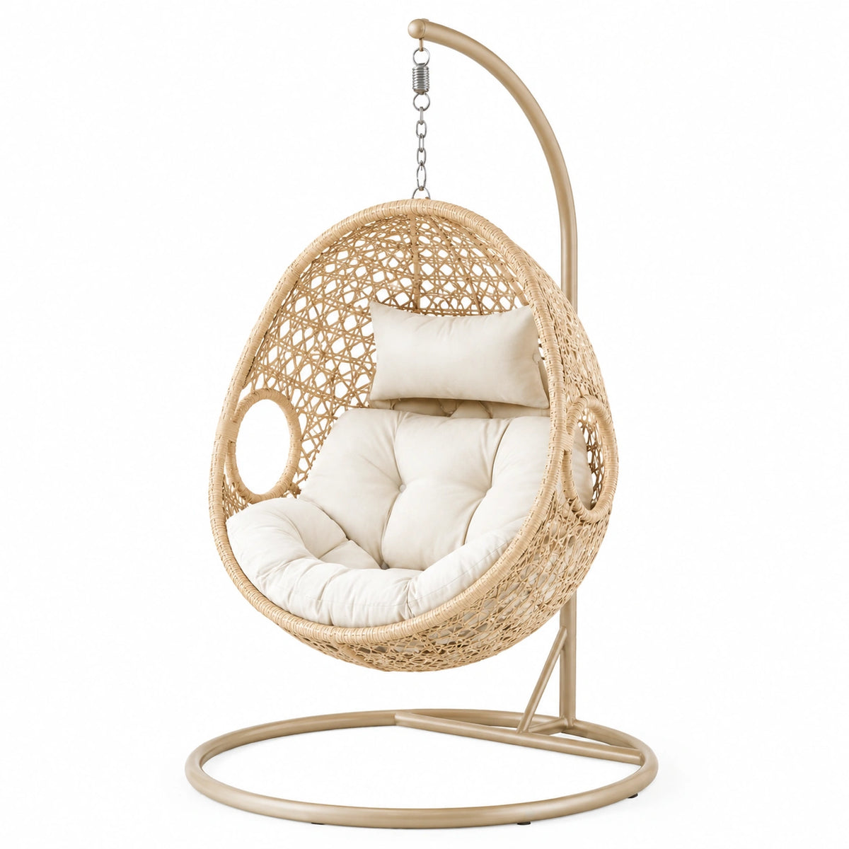 Sillón colgante exterior ratán sintético beige con estructura de acero