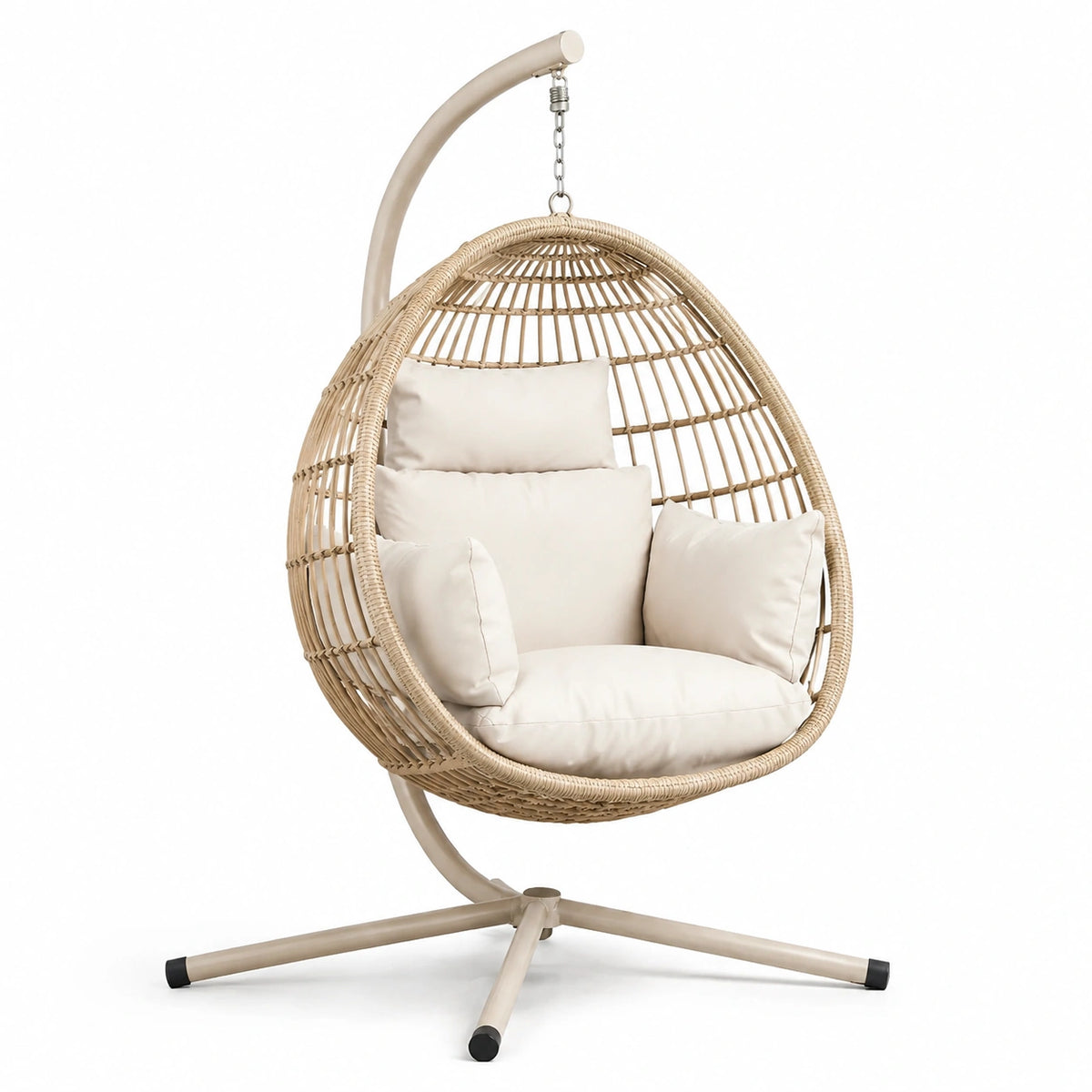 Sillón colgante de mimbre con cojines beige