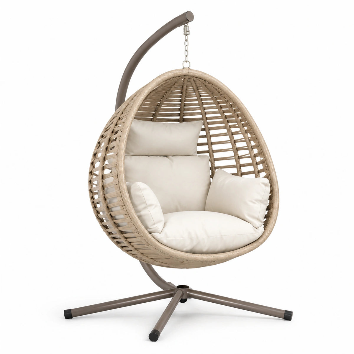 Sillón colgante de ratán sintético con cojines crema y base metálica, altura 200 cm