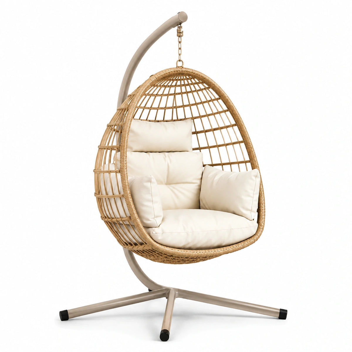 Sillón colgante de ratán con cojines crema, 130cm alto x 95cm ancho x 105cm profundo