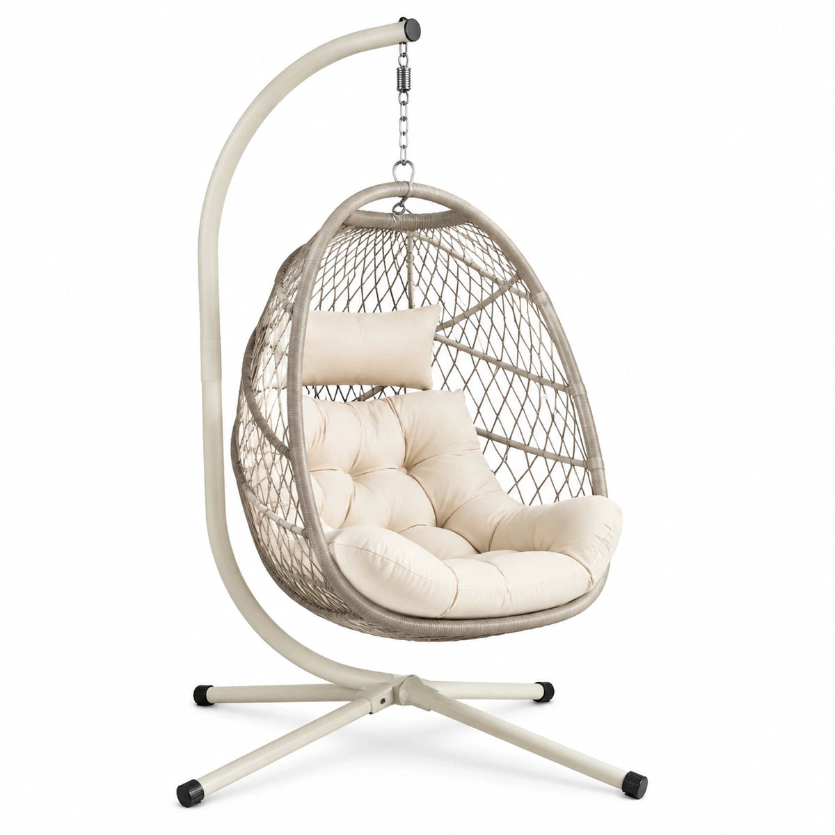 Sillón colgante de acero y mimbre sintético crema