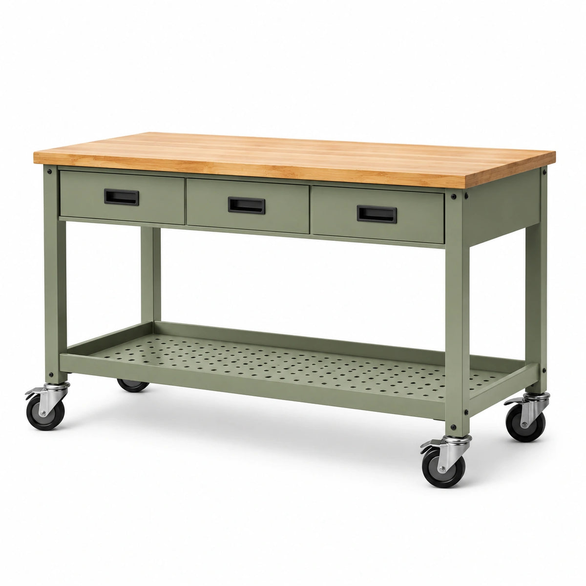 Mesa de trabajo de acero y roble con ruedas 120 cm x 60 cm x 90 cm verde