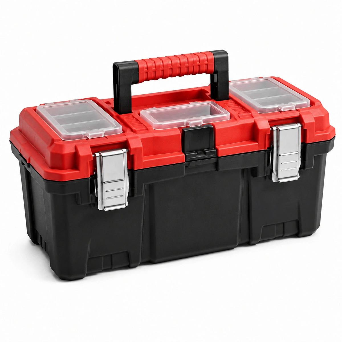 Caja de herramientas plástica con cierres metálicos rojo y negro