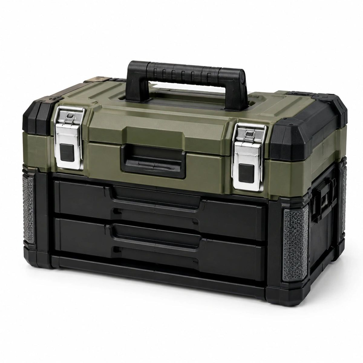 Caja de herramientas apilable de plástico con cajones de 52 x 33 x 31 cm verde y negro