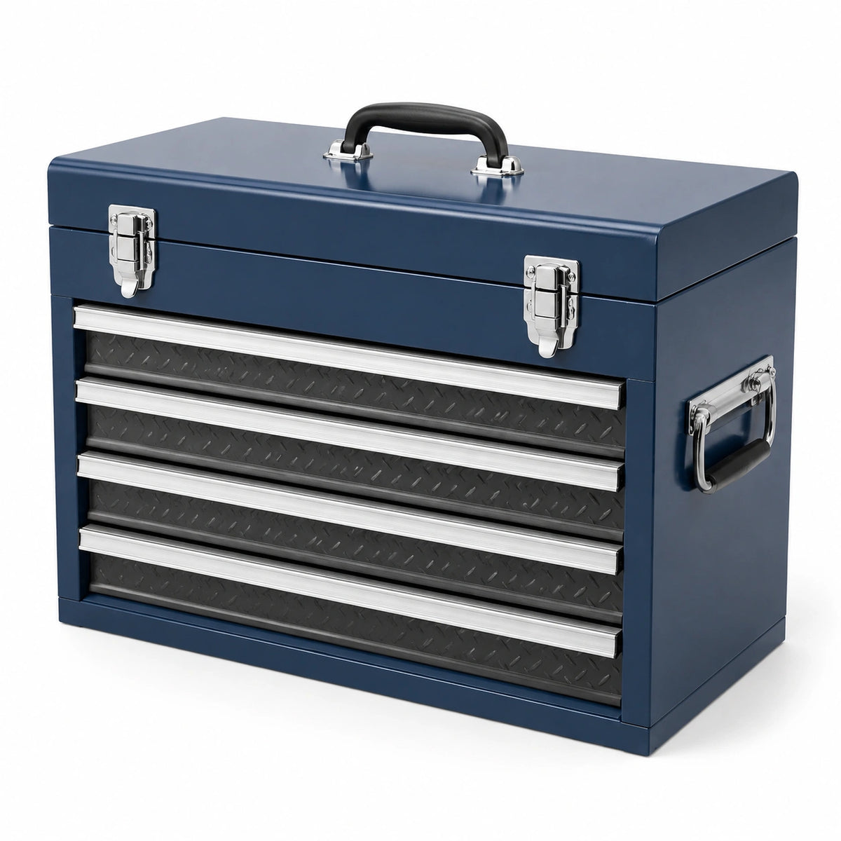 Caja de herramientas de acero azul con 3 cajones y cerraduras de metal