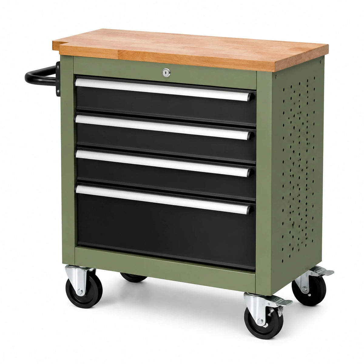 Carro de herramientas de acero y madera con 4 cajones verde y negro