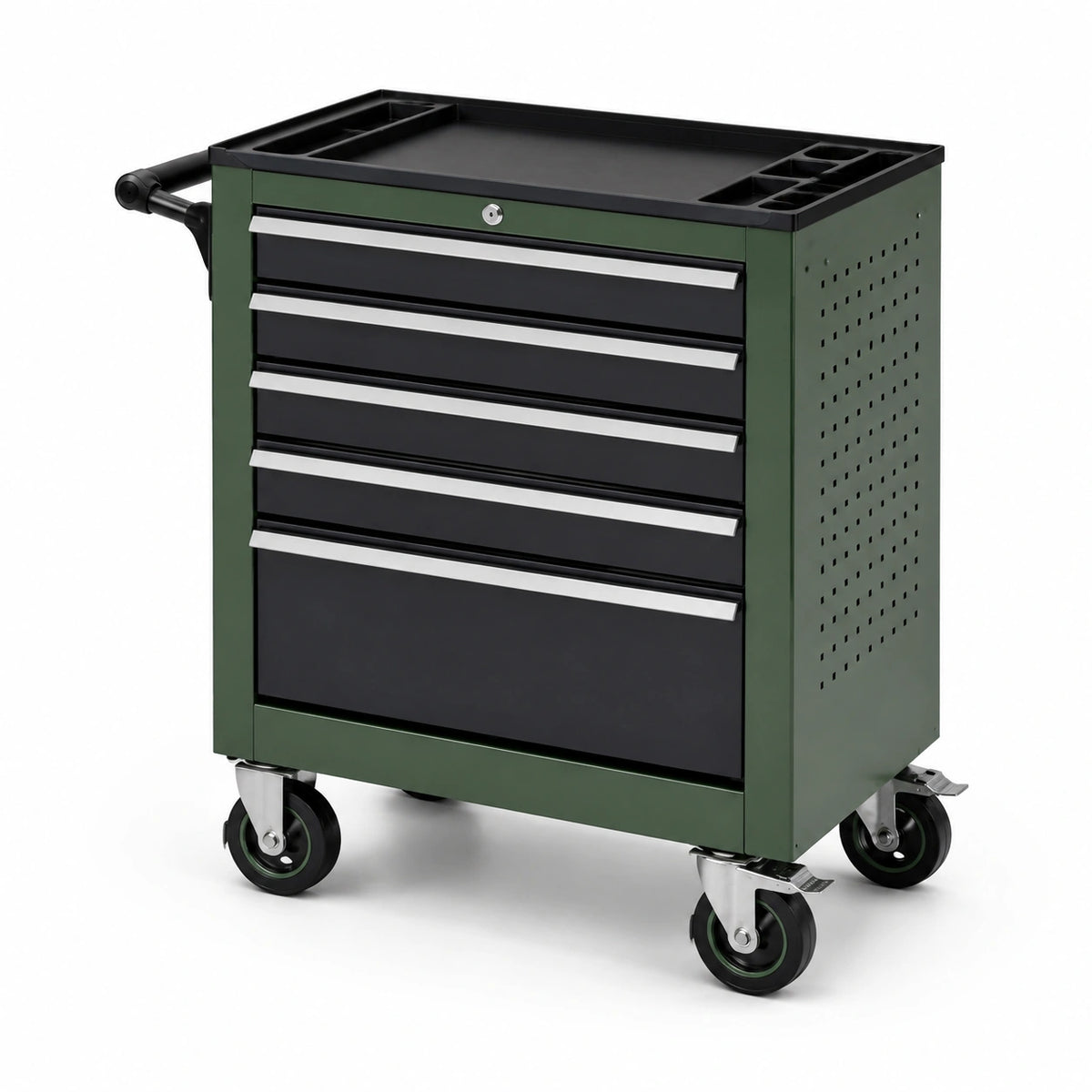 Carro de herramientas de acero verde/negro con 5 cajones y ruedas con freno