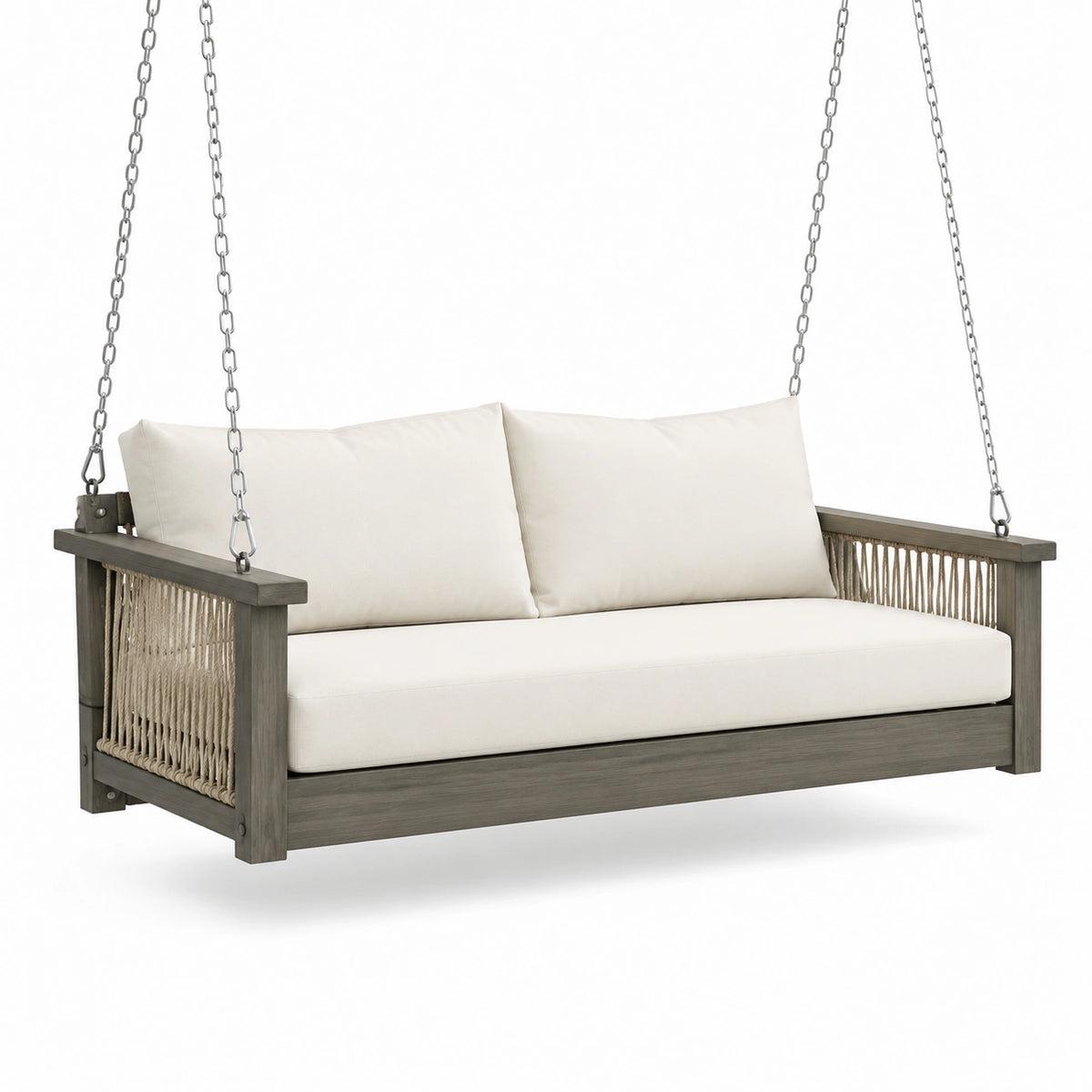 Columpio de porche exterior de madera con cojines de algodón beige