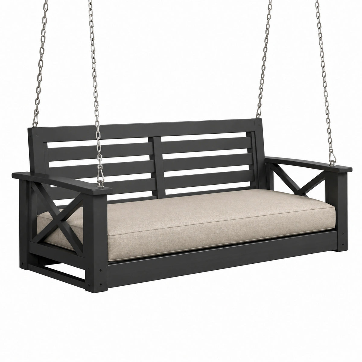 Columpio de madera negro con cojín beige