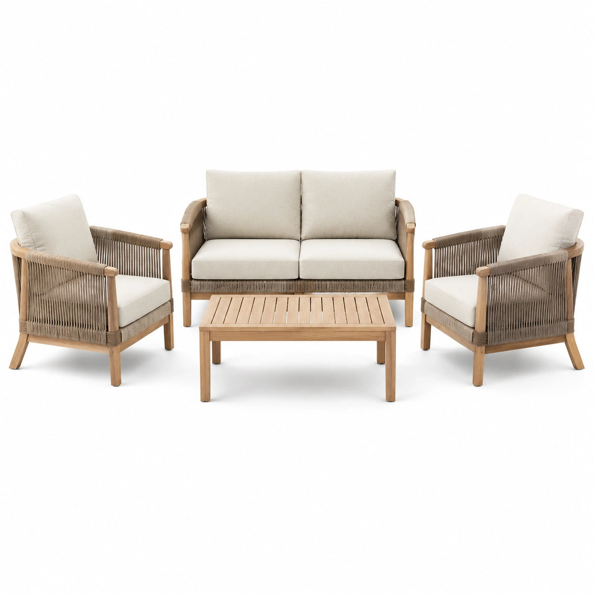 Conjunto de muebles de exterior de madera y tejido beige