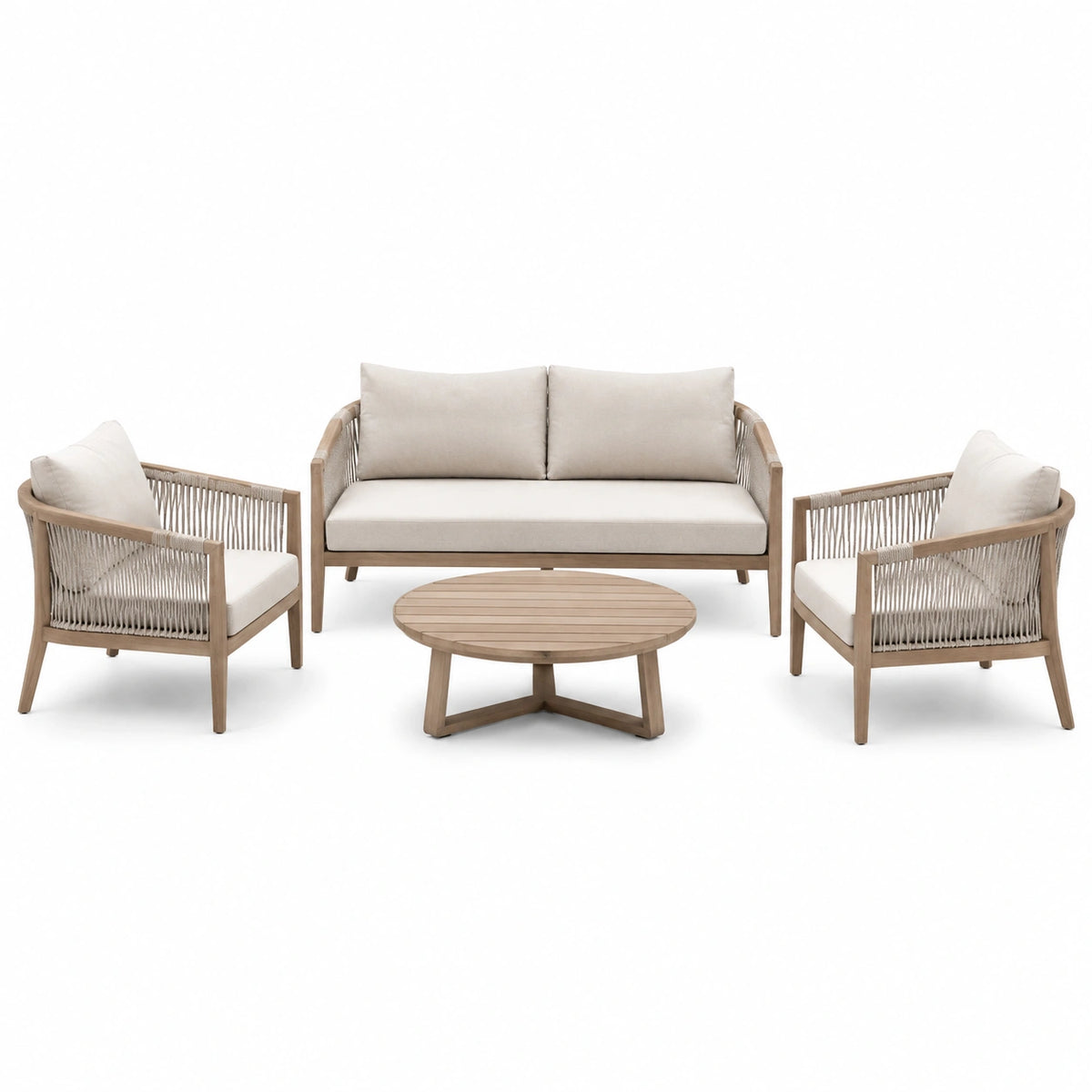 Conjunto de sofá de jardín de 4 piezas en madera y cojines beige